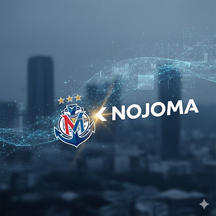 ノジマとマリノスのロゴがデジタルネットワークで結ばれた未来的イメージ