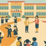 小学校の前で活動する児童と先生たちのイラスト