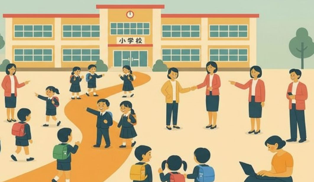 小学校の前で活動する児童と先生たちのイラスト
