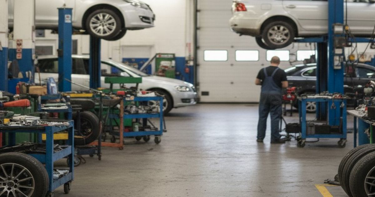 自動車整備工場で作業する整備士とリフトアップされた車両の様子