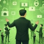 サイバーセキュリティ対策会議のイメージ。緑色の背景に鍵やロックアイコンが浮かび上がり、情報保護を象徴するビジネスマンたちが議論している。