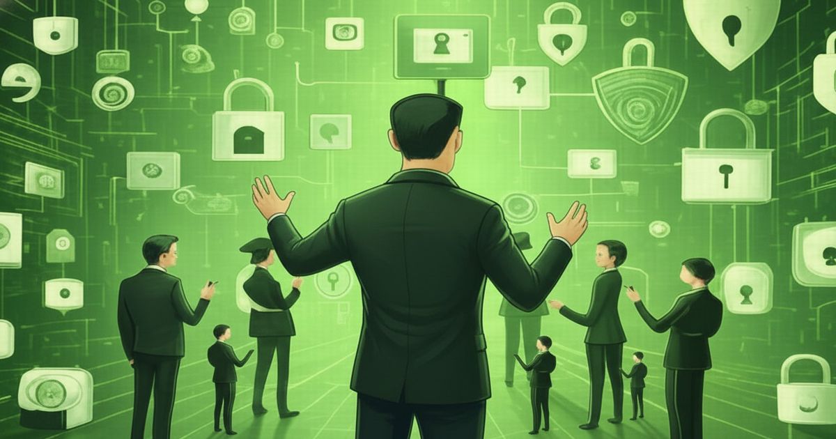 サイバーセキュリティ対策会議のイメージ。緑色の背景に鍵やロックアイコンが浮かび上がり、情報保護を象徴するビジネスマンたちが議論している。