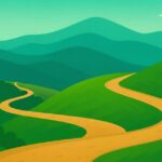 くねくねと曲がりくねった上り坂の道と遠くの山々のイラスト風風景