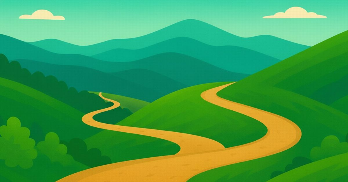 くねくねと曲がりくねった上り坂の道と遠くの山々のイラスト風風景