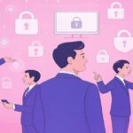 スーツ姿の男女が安全なネットワーク環境でビジネス会話や握手を交わしているイラスト