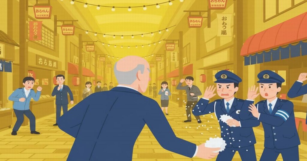 警察官に塩を投げつける男性を描いたイラスト。驚く通行人や制止する警察官の姿が描かれている