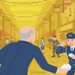 警察官に塩を投げつける男性を描いたイラスト。驚く通行人や制止する警察官の姿が描かれている