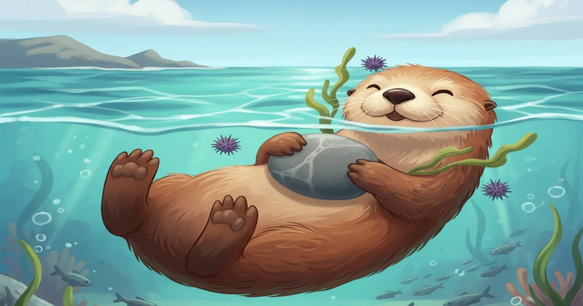 海の上で石を抱えて気持ちよさそうに浮かぶラッコのイラスト。澄んだ海中には魚や海藻が描かれ、穏やかな癒しの雰囲気が漂う。