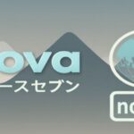 ニュース番組「novaニュースセブン」のロゴと地球アイコン、山を背景にしたデザイン