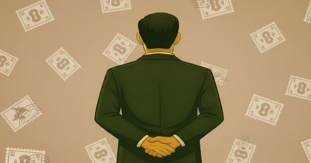 背中を向けて手を組むスーツ姿の男性と郵便切手のイラスト背景