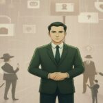 スーツ姿の男性が中央に立ち、背後に鍵アイコンや人物が描かれたサイバーセキュリティのネットワーク背景イラスト