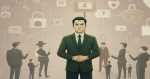 スーツ姿の男性が中央に立ち、背後に鍵アイコンや人物が描かれたサイバーセキュリティのネットワーク背景イラスト