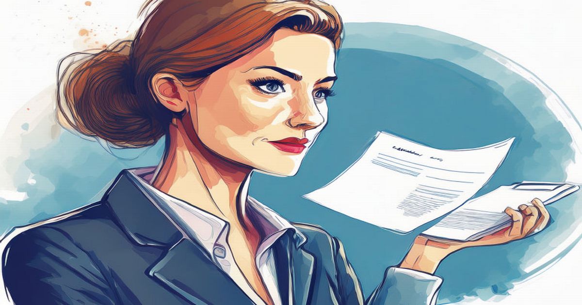 スーツ姿の女性が真剣な表情で書類を見ているイラスト