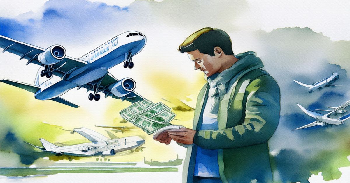 ロングコート姿の男性が現金を数える様子と飛行機が描かれたイラスト