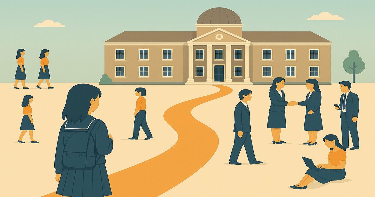 後ろ姿の女子高生が校舎を見つめる学校風景イラスト