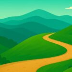 急カーブを描く山道と緑の丘が広がるイラスト