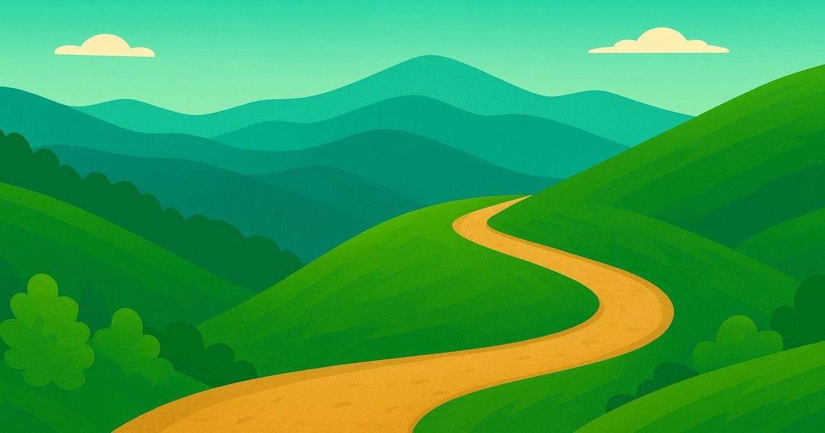 急カーブを描く山道と緑の丘が広がるイラスト