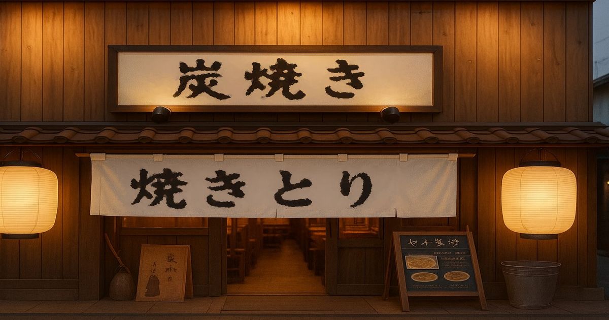 炭焼きと焼きとりの看板がある和風居酒屋の外観