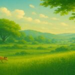 草原を歩くキタキツネと青空が広がる風景イラスト