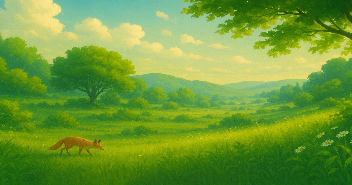 草原を歩くキタキツネと青空が広がる風景イラスト