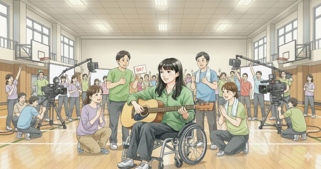 体育館で車椅子に座りながらギターを弾く女性シンガーソングライターを応援するスタッフと撮影クルーのイラスト