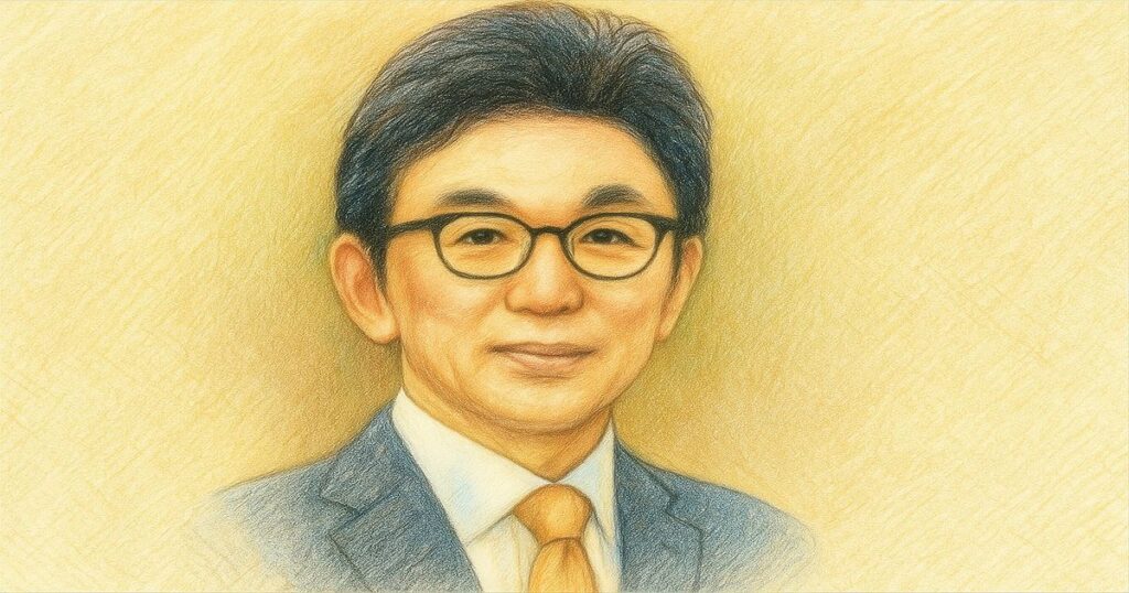 スーツ姿の男性を描いた色鉛筆風ポートレート。落ち着いた表情で正面を向く