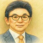 スーツ姿の男性を描いた色鉛筆風ポートレート。落ち着いた表情で正面を向く