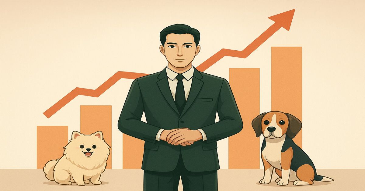 スーツ姿のビジネスマンと2匹の犬が、順位上昇を示すグラフの前に立つイラスト。ビジネス成長と安心感を表現。