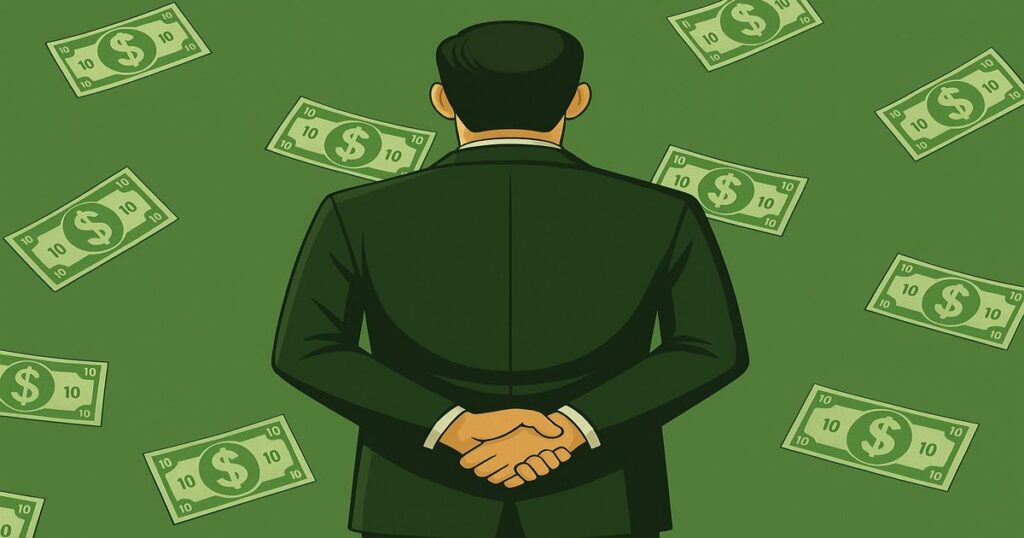 背中を向けたスーツ姿の男性と、お札風にデザインされた切手が背景に散らばるイラスト。薄いモスグリーン背景。