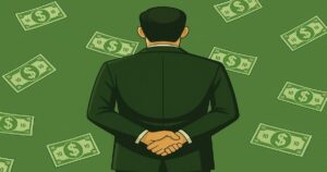 背中を向けたスーツ姿の男性と、お札風にデザインされた切手が背景に散らばるイラスト。薄いモスグリーン背景。