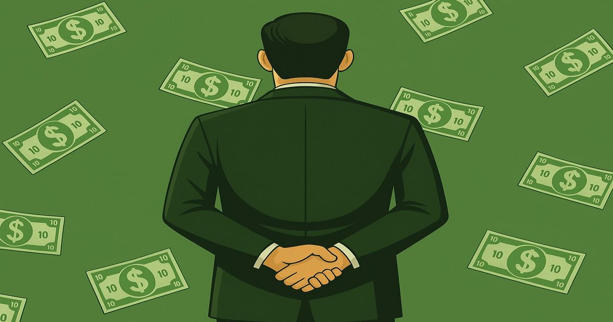 背中を向けたスーツ姿の男性と、お札風にデザインされた切手が背景に散らばるイラスト。薄いモスグリーン背景。