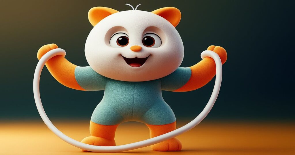 縄跳びをするオレンジと白の猫キャラクターの3Dイラスト