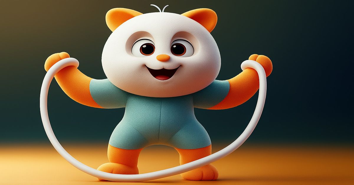 縄跳びをするオレンジと白の猫キャラクターの3Dイラスト