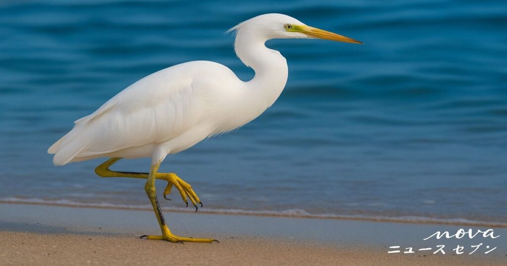 海辺を歩く白い鳥を写したニュース記事用の共通イメージ画像