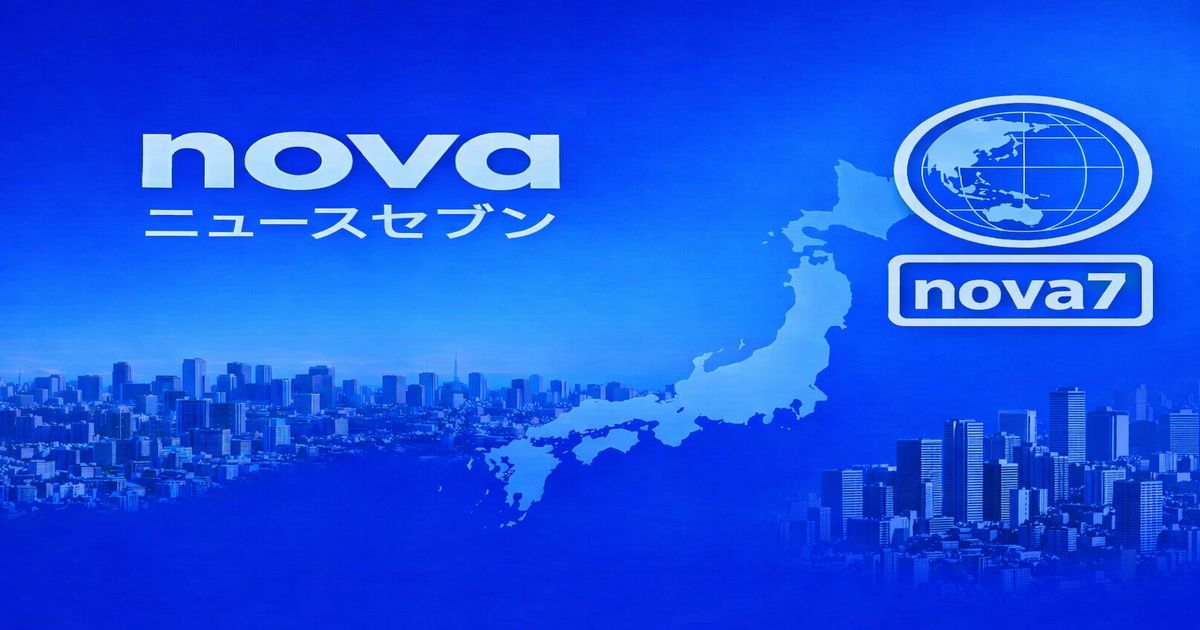 nova7ニュースセブンのスタジオ背景、日本地図と都市ビル群を配置したニュース用ビジュアル