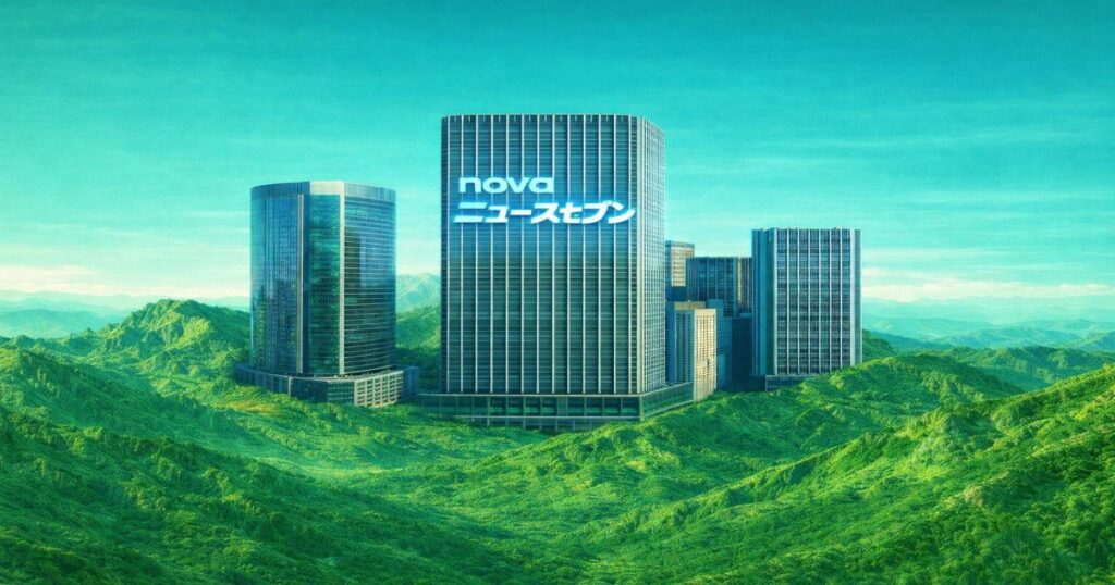 山岳風景の中に建つ高層ビル中央に「novaニュースセブン」の文字が入ったイメージ