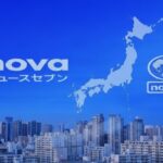 novaニュースセブンのロゴと日本地図、都市ビル群を背景にしたニュースイメージ