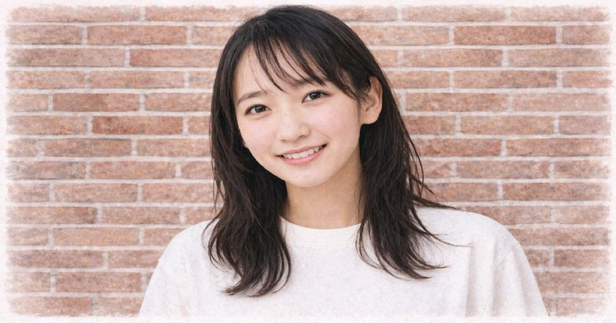 レンガ壁の前で微笑むナチュラルな雰囲気の女優